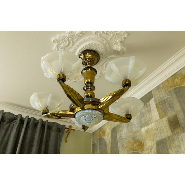 Art Deco Bronze and Opalescent Glass Six-Light Chandelier attributed to Ezan, France For Sale - Image 4 of 18