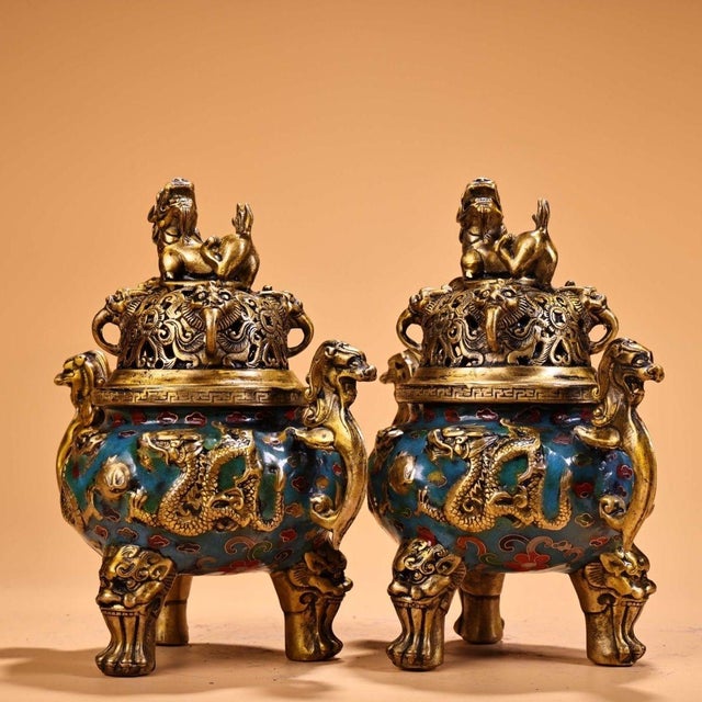 Metal Pair of Vintage Chinese Cloisonné Enamel & Gilt Bronze Dragon Censers / Incense Burners For Sale - Image 7 of 10