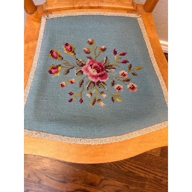 English Antique Bird’s-Eye Maple Side Chair With Lyre Back & Hand Needlepoint Floral Seat, C. 1900 For Sale - Image 3 of 10