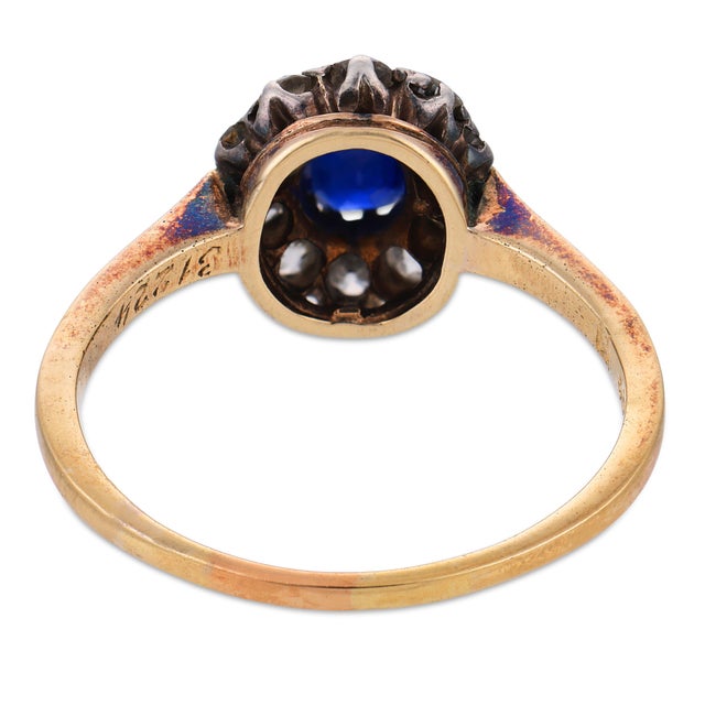 19th Century Victorian Gia No Heat Sapphire Diamond 14k Yellow Gold and Silver Ring, Size 8.25 For Sale In Los Angeles - Image 6 of 6