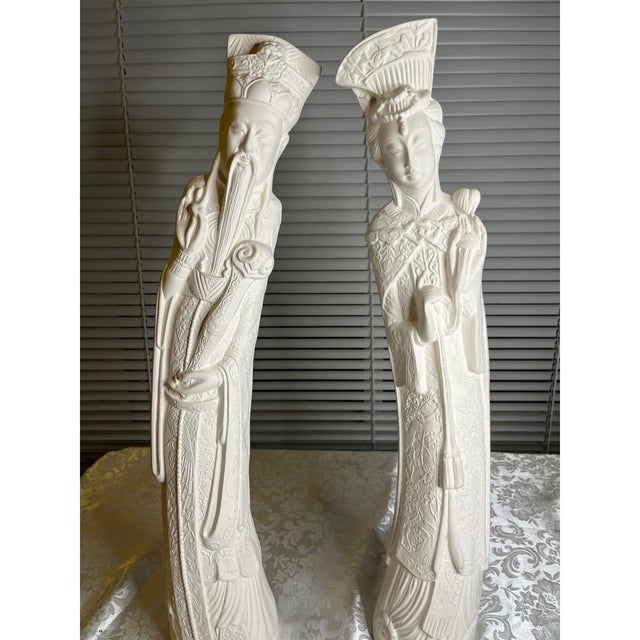Vintage 22" Chinese Emperor & Empress Chalkware Statues - White Mid Century, A Pair For Sale - Image 10 of 17