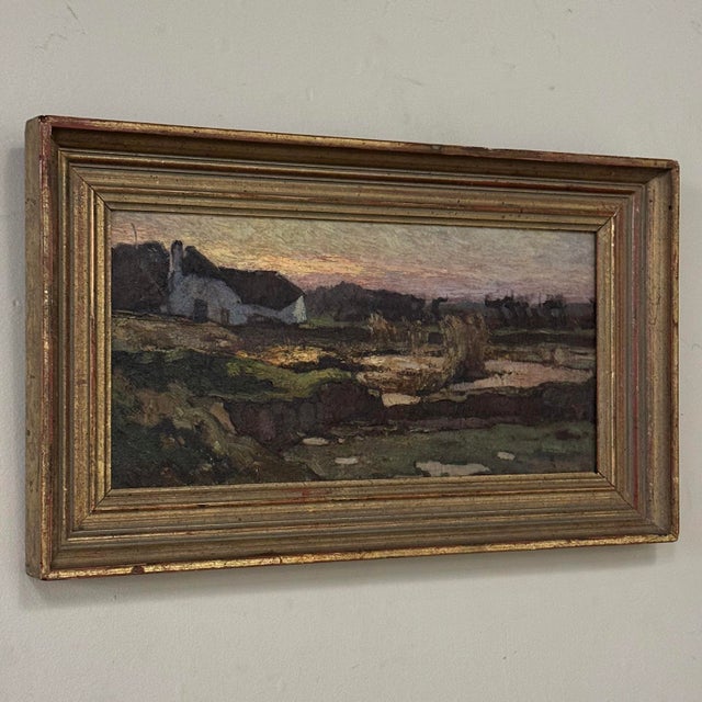 Antique European Oil Painting on Panel, Landscape With Pond and Thatched Farmhouse For Sale - Image 4 of 15