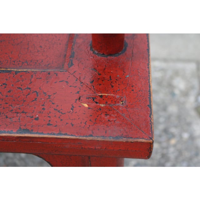 Wood Early 20th Century Large Ming Style Red and Black Crackle Finish Double Yoke Back Bench For Sale - Image 7 of 12