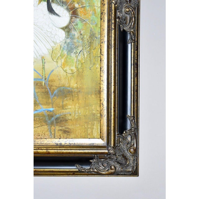 Vintage Large Heron Birds and Floral Oil Painting in Ornate Black/Gold Frame For Sale - Image 10 of 10