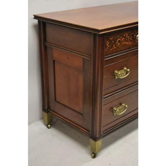 Antique Herts Brothers Edwardian Bronze & Satinwood Inlay Mahogany Chest Dresser For Sale - Image 10 of 12