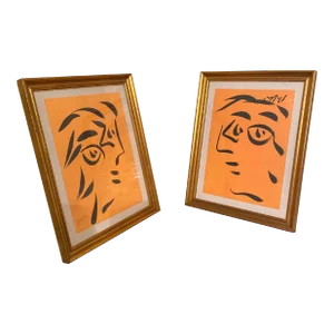 Peter Keil Original Orange Abstract Portrait Paintings - a Pair