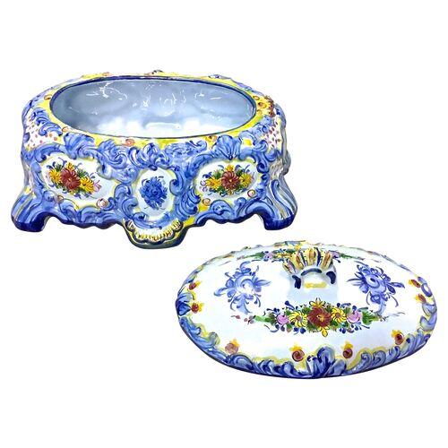 Antique Blue & White & Floral Lidded Tureen For Sale - Image 4 of 9