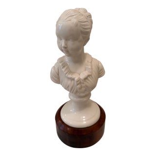 Vintage 1960s Italian White Glazed Ceramic Neoclassical Bust on Wood Base For Sale