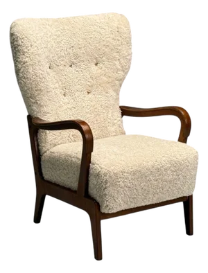 Danish Mid-Century Modern, Beige Sheepskin, Beech, Lounge Chair, Denmark, 1960s