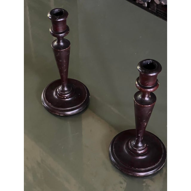 Traditional Early 20th Century Pair of Dark Wooden Candlestick Holders For Sale - Image 3 of 5