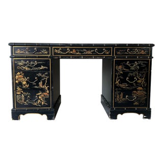 Vintage "Drexel" Asian Hand-Painted Chinoiserie Leather Top Partner Desk For Sale