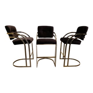 Set of 3 Black and Gold Milo Baughman Chrome Stools For Sale