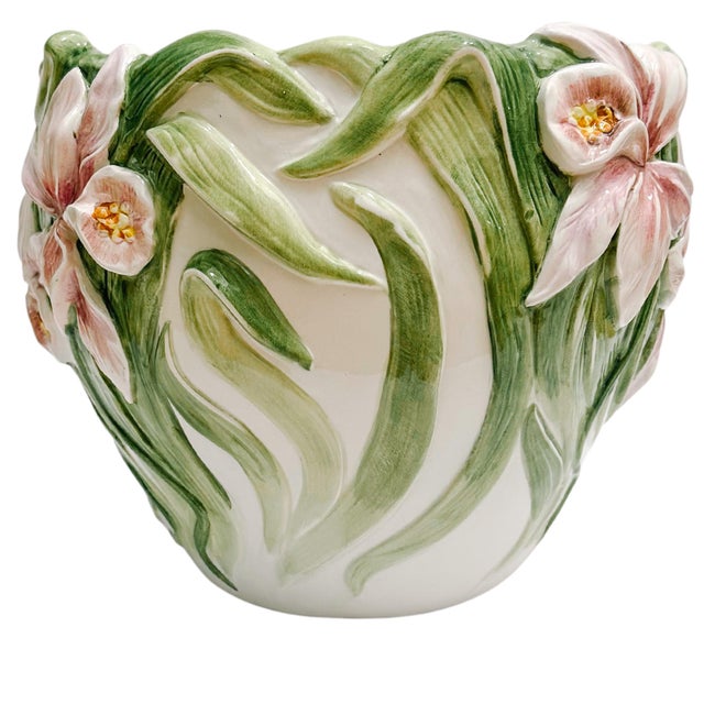 Vintage Italian Pink Iris Planter Cachepot For Sale In San Diego - Image 6 of 12