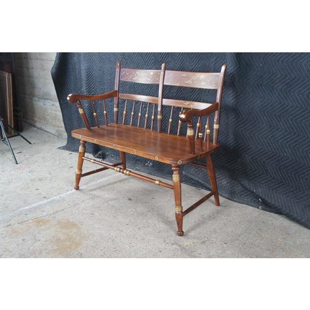 Mid 20th Century Mid 20th Century Tell City Hitchcock Style Maple Rumford & Gold Stenciled Spindle Back Bench For Sale - Image 5 of 15