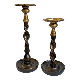 Pair of Late 20th C. Brass & Bronze Barley Twist Candle Holders Attributed to Maitland-Smith For Sale