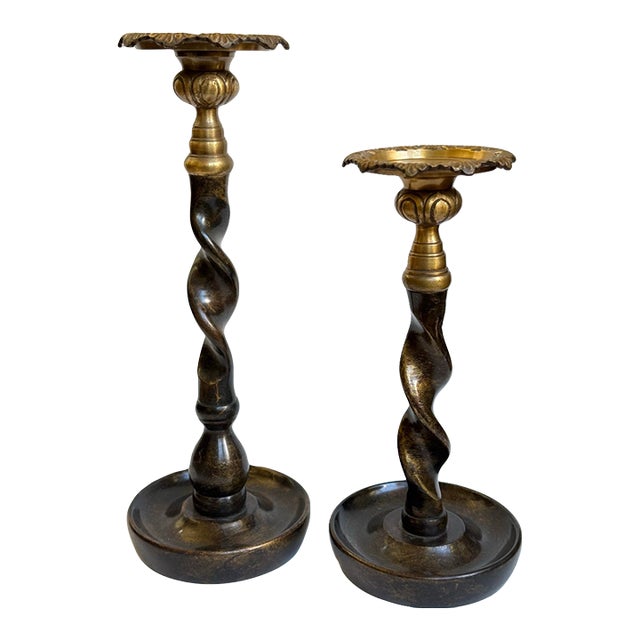 Pair of Late 20th C. Brass & Bronze Barley Twist Candle Holders Attributed to Maitland-Smith For Sale