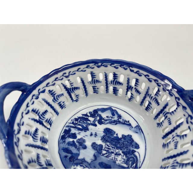 Mid 20th Century Vintage Chinese Porcelain Blue & White Handled Basket For Sale - Image 5 of 9