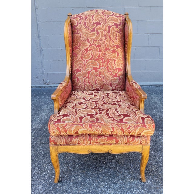 Queen Anne 1964 Barnes & Kimel Queen Anne Wingback Chair With Red Jacquard Fabric For Sale - Image 3 of 9