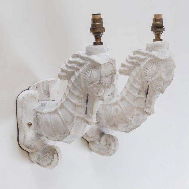 Antique White 1950s Pair of Large Plaster Seahorse Wall Sconces For Sale - Image 8 of 11