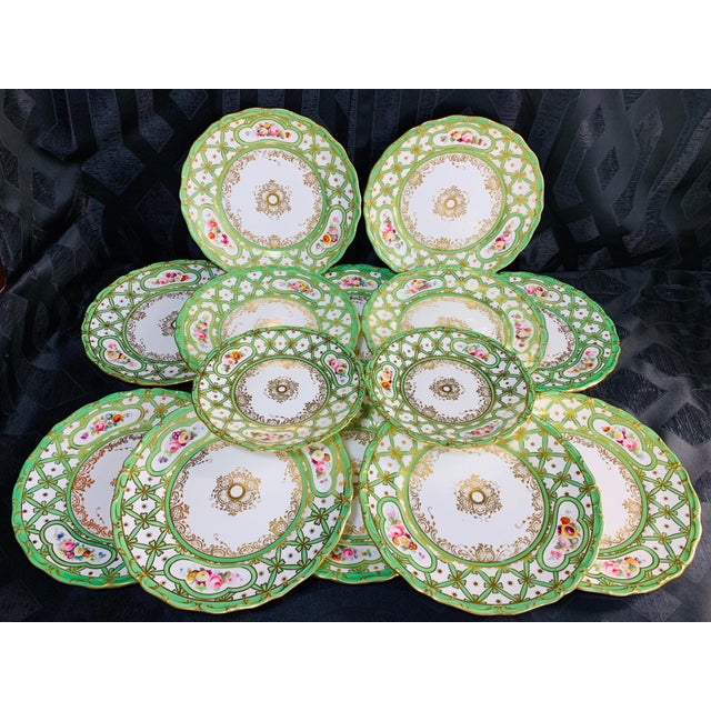 Early 19th Century Rare Green and Gold Floral Davenport Longfort Staffordshire Plates - Set of 14 For Sale In Chicago - Image 6 of 11