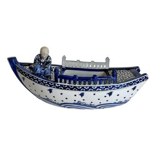 Vintage Japanese Porcelain Kutani Ware Figural Boat Ikebana Vessel Cachepot For Sale