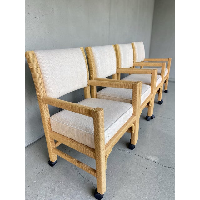 Vintage Henry Link Wrapped Rattan Dining Armchairs on Casters – Palm Beach Style | Set of 4 For Sale In Naples, FL - Image 6 of 12