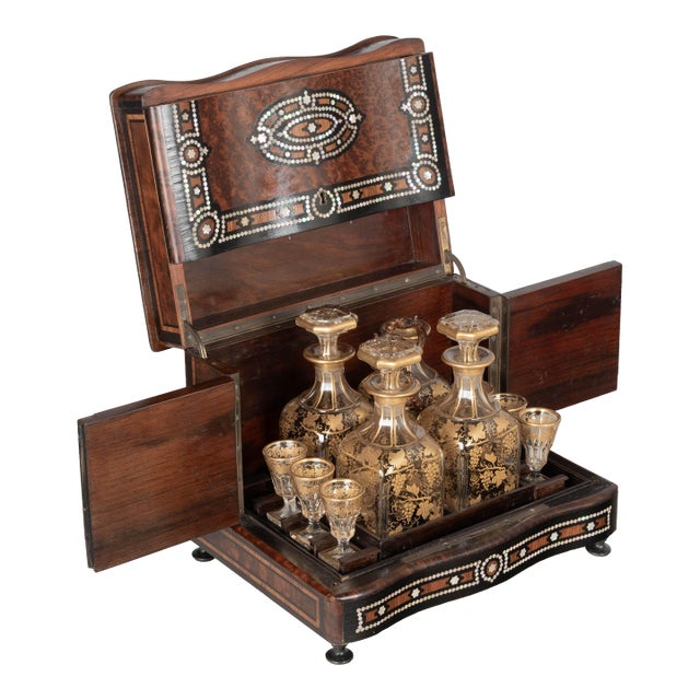 19th Century French Marquetry Tantalus Cordial Decanter Set - Set of 11 For Sale