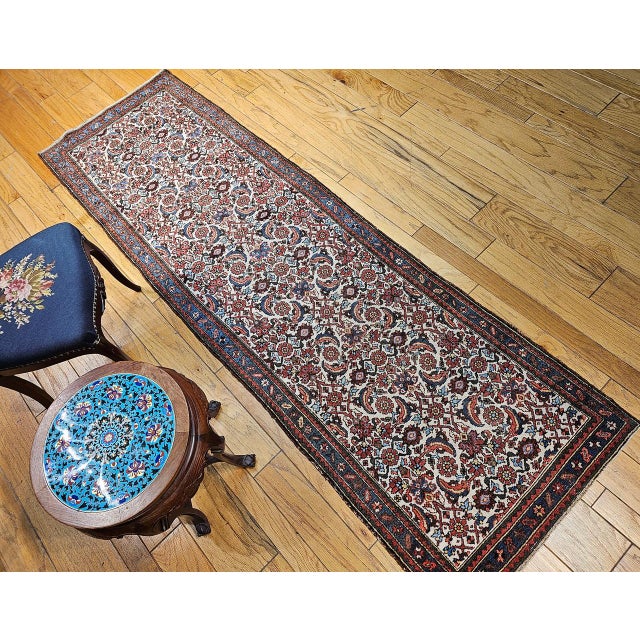 Vintage Persian Malayer Runner Rug, Hand-Knotted Wool, Geometric Pattern, 3x9, Ivory & Blue For Sale - Image 4 of 13