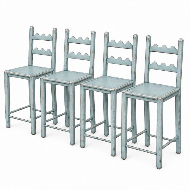 2010s Set of 4 Country French Counter Stools With Custom Antique French Coastal Cottage Blue Finish For Sale - Image 5 of 5