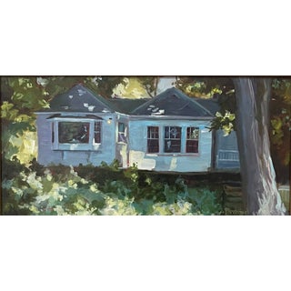 Cottage Life by Sheri Farabaugh | Oil on Hardboard Painting of a blue cottage surrounded by greenery For Sale