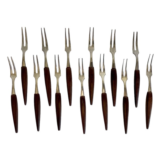 Mid-Century Danish Modern Stainless Steel & Teak Appetizer Forks – Set of 13 For Sale