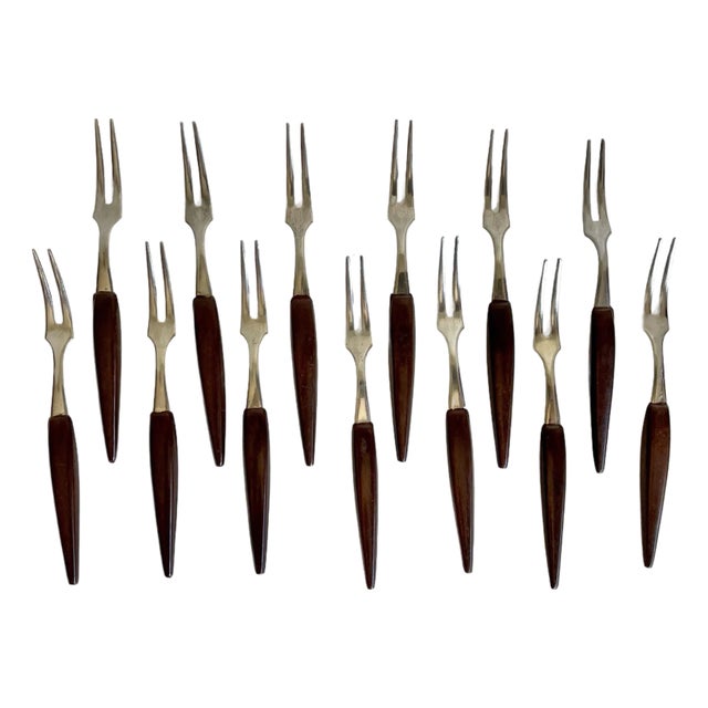 Mid-Century Danish Modern Stainless Steel Appetizer Forks – Set of 13 For Sale