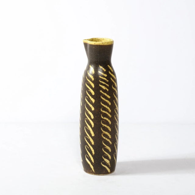 Mid-Century Vase in Burnt Umber W/ Dandelion Yellow Hand-Brushed Patterned Glaze For Sale - Image 4 of 12