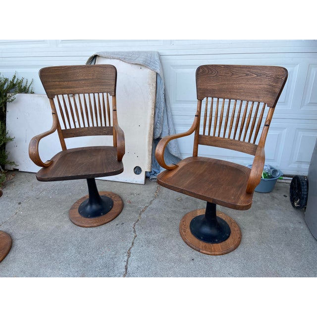 Antique Oak Courtroom Juror Chairs Set of 3 Cast Iron Base Early 1900s For Sale - Image 11 of 18