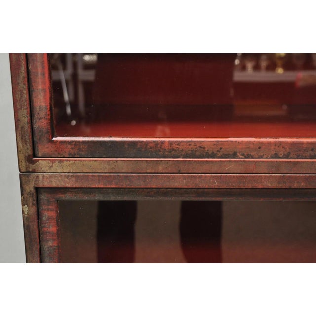 Red Vintage Industrial Steel Metal Faux Woodgrain Painted Stack Barrister Bookcase For Sale - Image 8 of 18