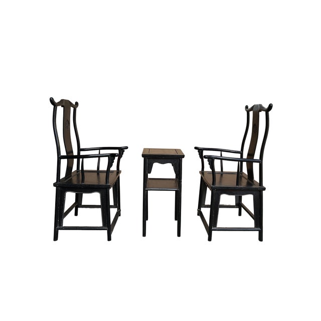 1980s Chinese Traditional Black Brown Yoke-Back Armchair Set W Small Table For Sale - Image 5 of 12