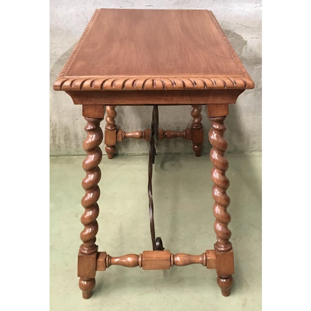 Late 19th Century 19th Spanish Farm Table With Iron Stretchers, Hand-Carved Top and Drawer For Sale - Image 5 of 13