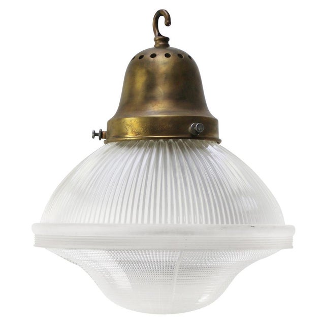 Gold Mid-Century Industrial Glass & Brass Pendant Lights from Holophane, USA For Sale - Image 8 of 8