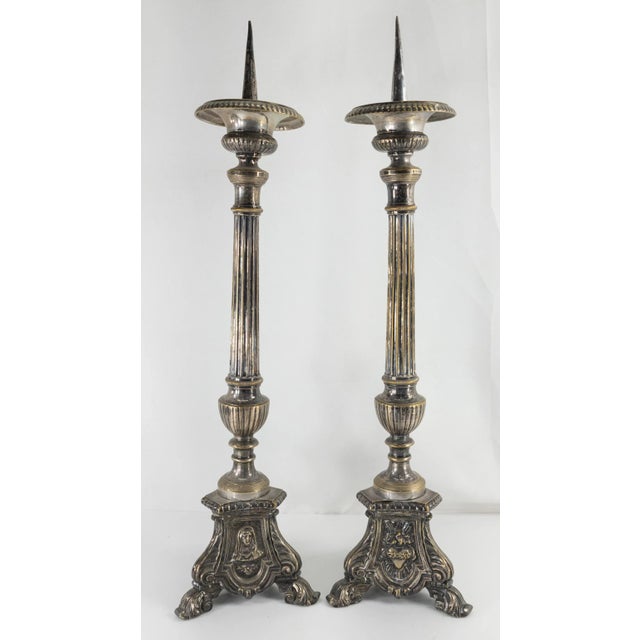 French Silverplate Brass or Bronze Candlesticks, a Pair For Sale - Image 4 of 12