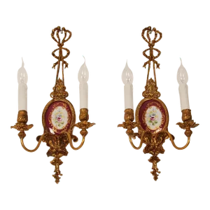 Vintage Italian Wall Lamps Neoclassical Wall Sconces Gold Gilded Bronze Ribbons Porcelain - A Pair