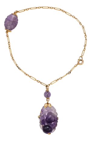 Antique Art Nouveau Amethyst Charm Bracelet 14k Yellow Gold 8" Vintage Jewelry