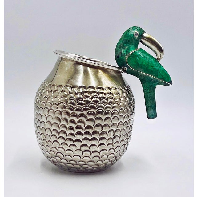 Metal 1960s Los Fajardo Taxco Toucan Pitcher Malachite Silver Plate For Sale - Image 7 of 18