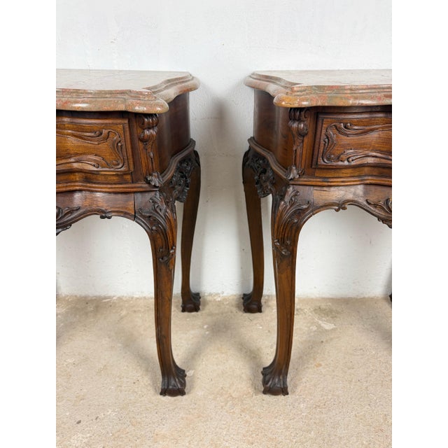 Pair of French Louis XV Style Nightstands with Marble Tops For Sale - Image 4 of 15