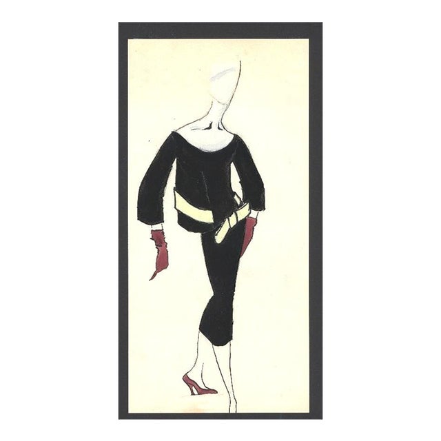 1950 Mid-Century Original French Fashion Drawing in Gouache For Sale
