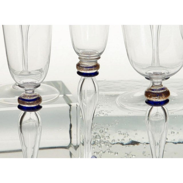 Stemmed Flute Glasses in Murano Glass with Cobalt and Gold Accents by Cenedese, 1980s, Set of 6 For Sale - Image 9 of 18