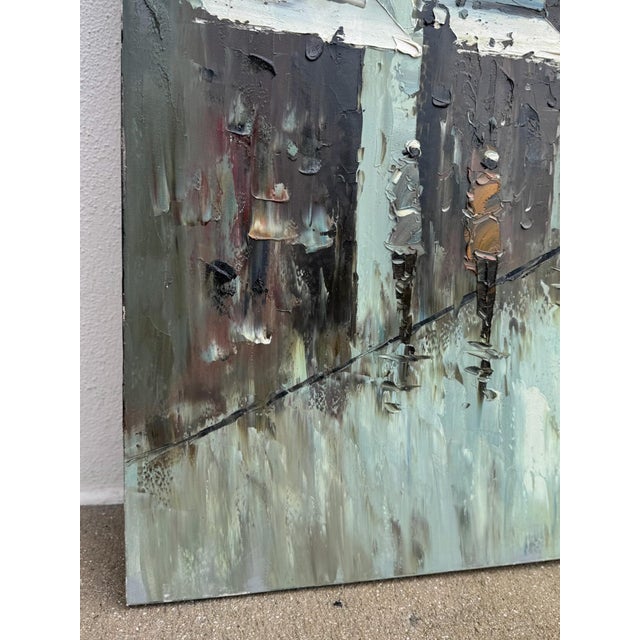 Rainy Cityscape Oil Painting Brutalist Impasto Figurative Street Scene For Sale - Image 10 of 10