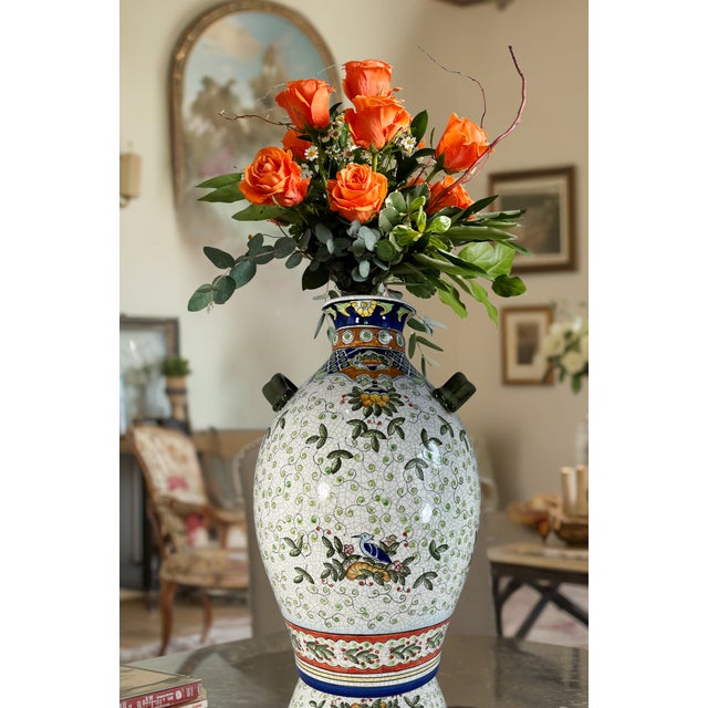 17+ In. Tall Chinese Jug Vase Stylized Blue Songbird, Fruit & Leaf Pattern For Sale - Image 4 of 18
