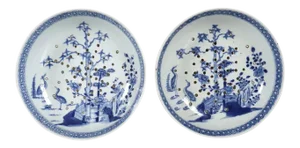 Chinese Export Blue & White Porcelain Strainer Bowls - A Pair