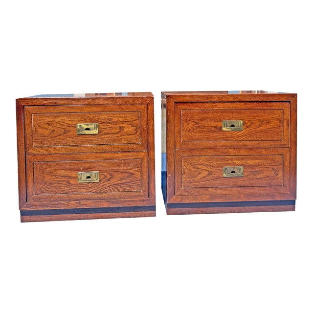 Vintage Henredon Style Campaign Nightstands or End Tables With Brass Hardware, A Pair For Sale