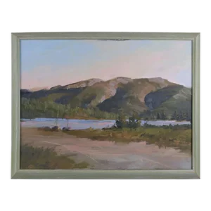 Vintage Howard Carr Mountain River With Boats in Foreground Oil Painting
